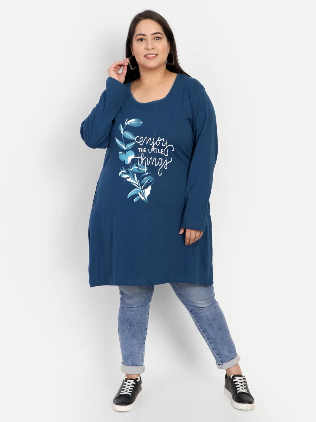 Cotton Long Top for Women Plus Size - Full Sleeve - Teal