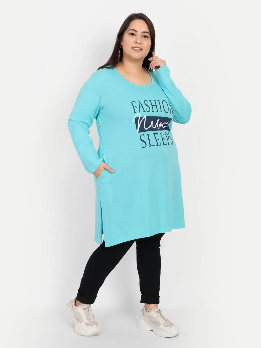 Cotton Long Top for Women Plus Size - Full Sleeve - Turquoise