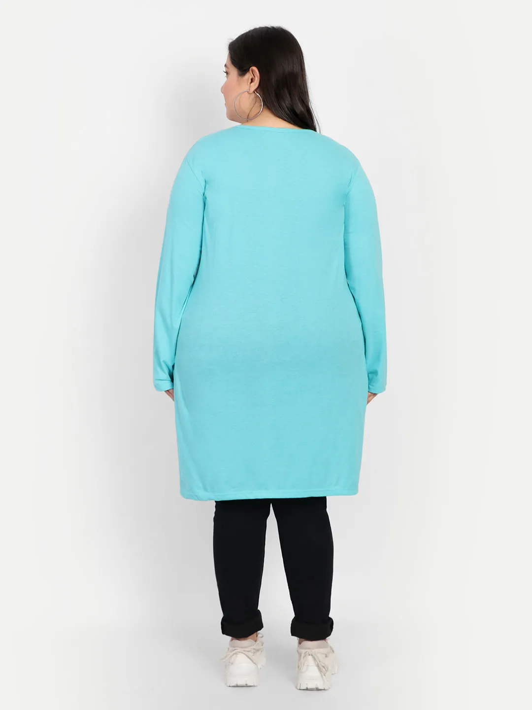 Cotton Long Top for Women Plus Size - Full Sleeve - Turquoise