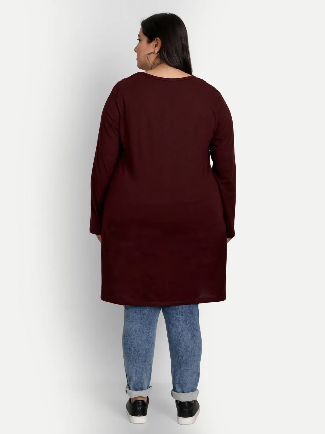 Cotton Long Top for Women Plus Size - Full Sleeve - Wine