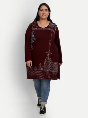 Cotton Long Top for Women Plus Size - Full Sleeve - Wine