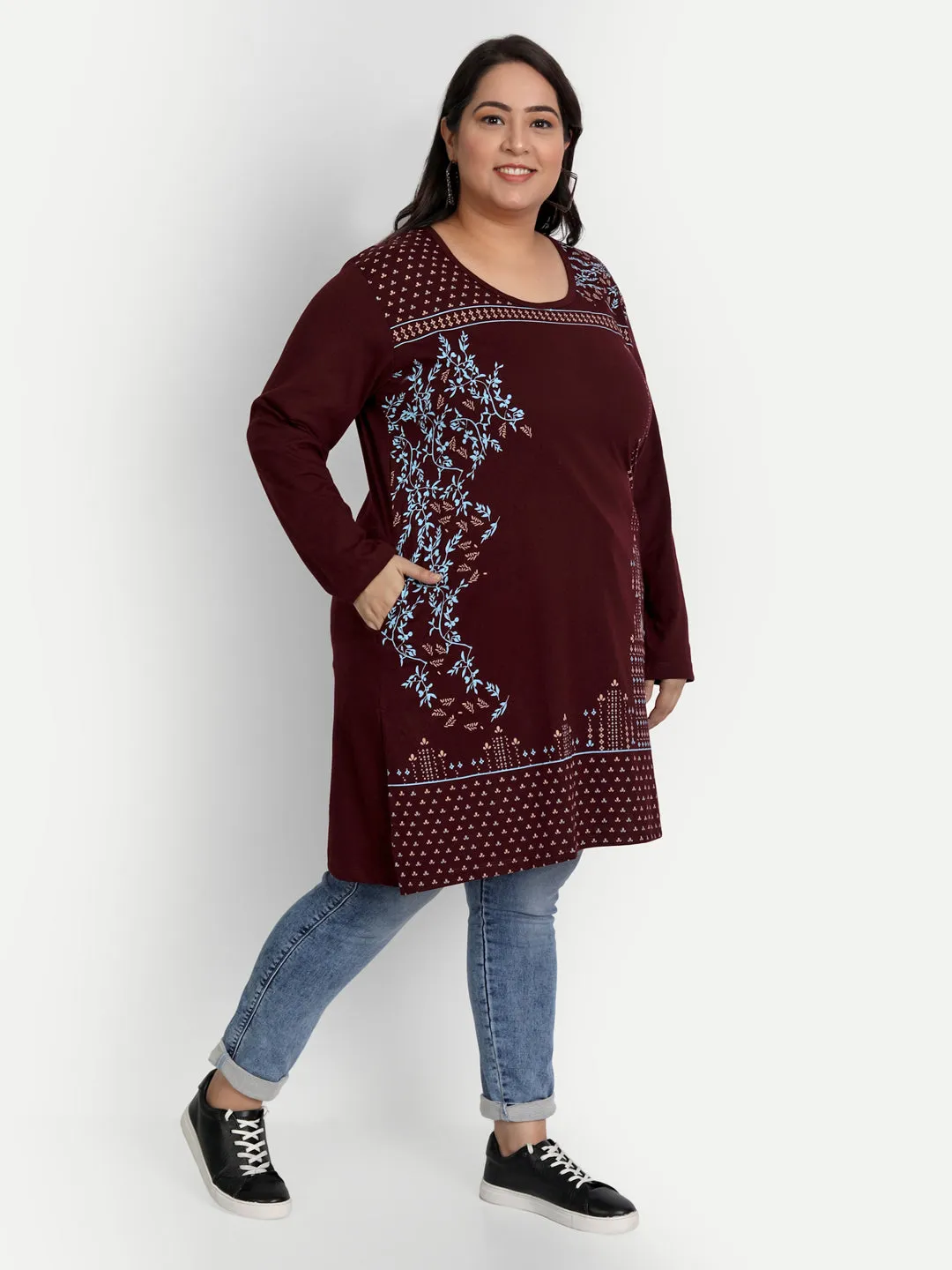 Cotton Long Top for Women Plus Size - Full Sleeve - Wine