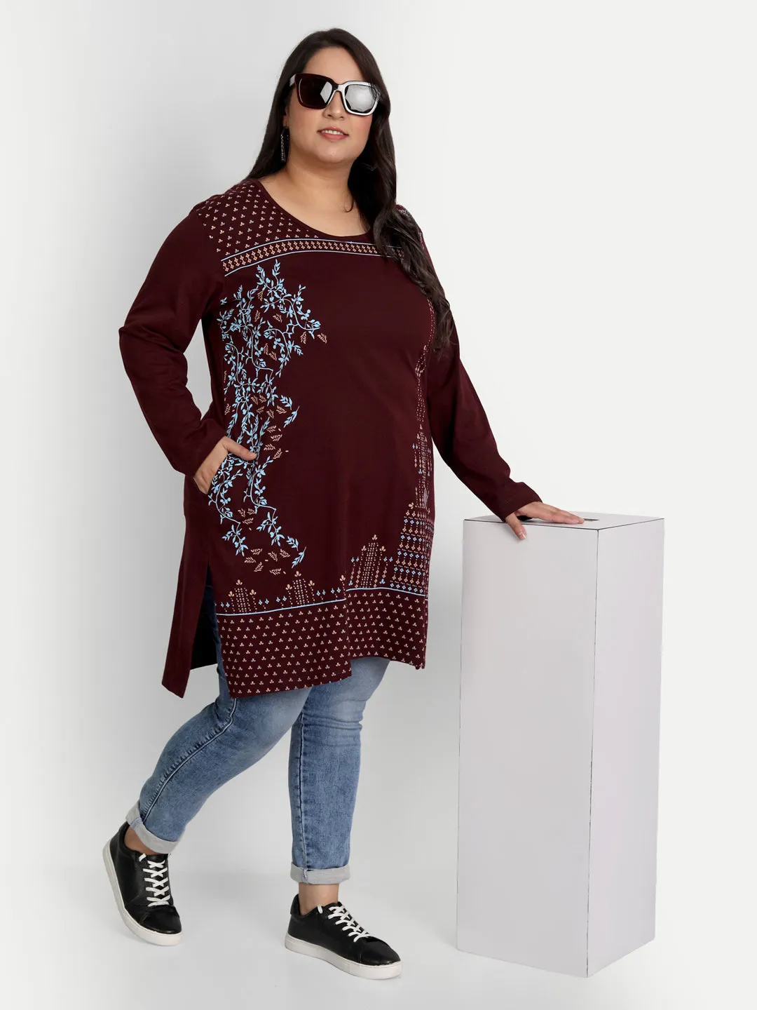 Cotton Long Top for Women Plus Size - Full Sleeve - Wine