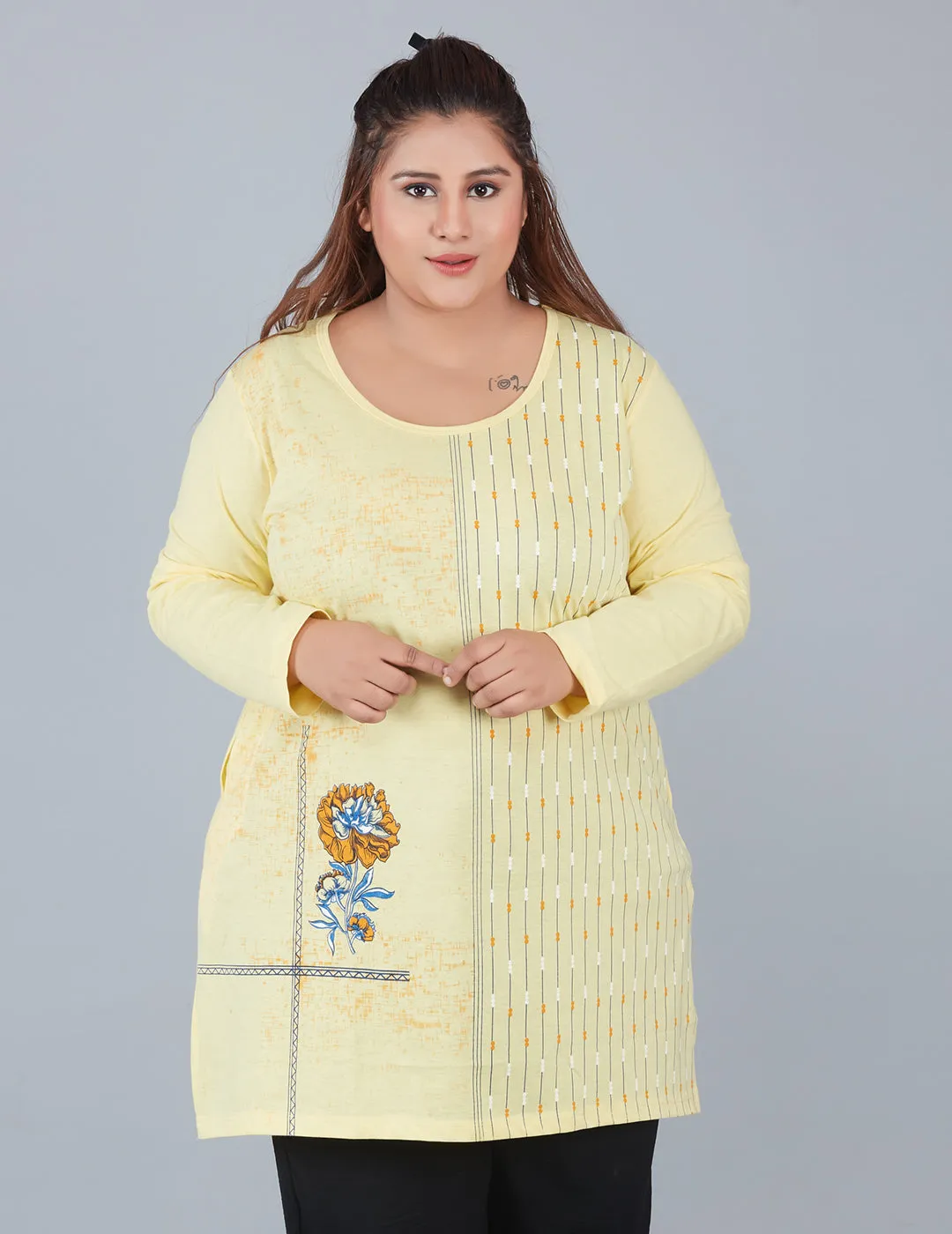 Cotton Long Top for Women Plus Size - Full Sleeve - Yellow