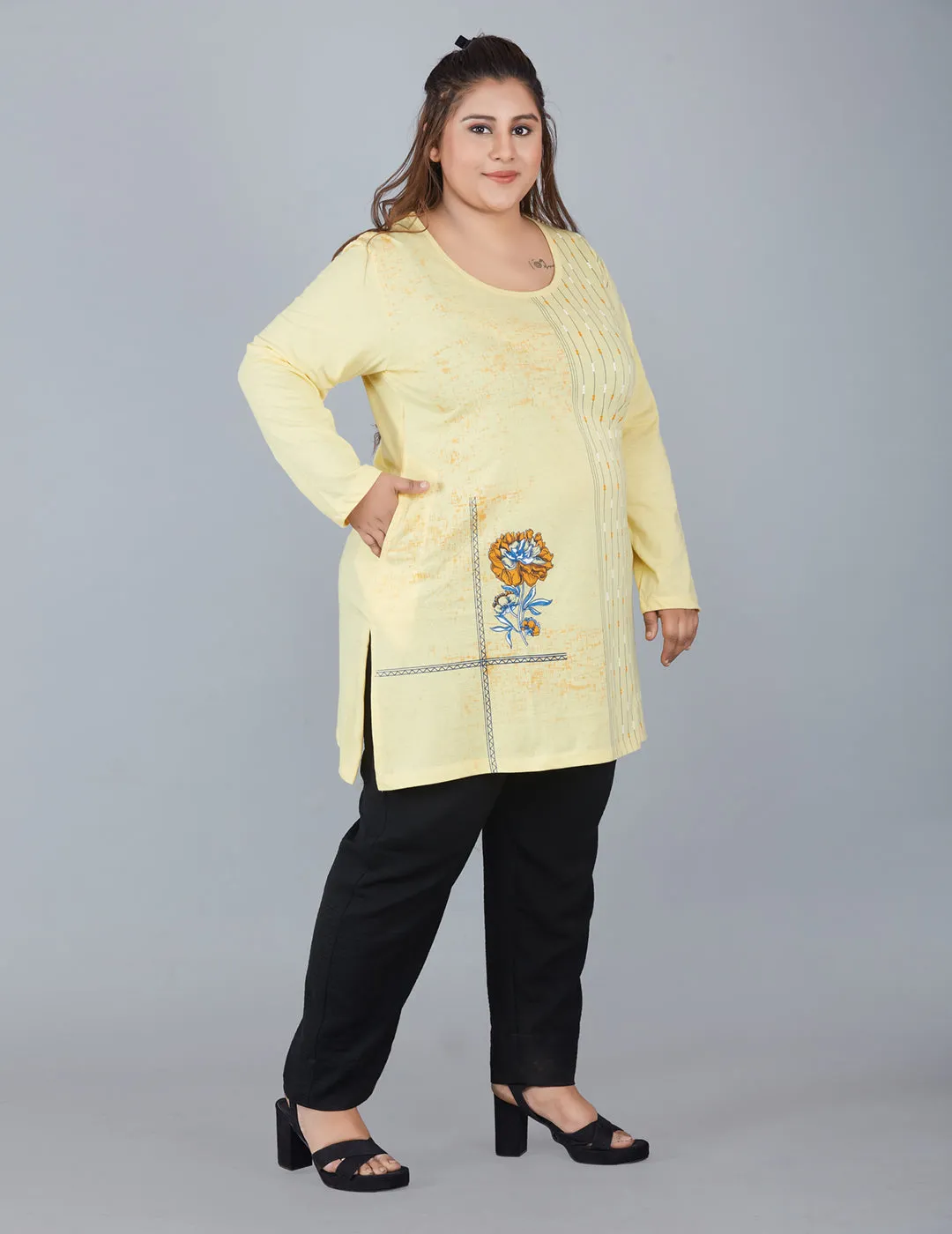 Cotton Long Top for Women Plus Size - Full Sleeve - Yellow