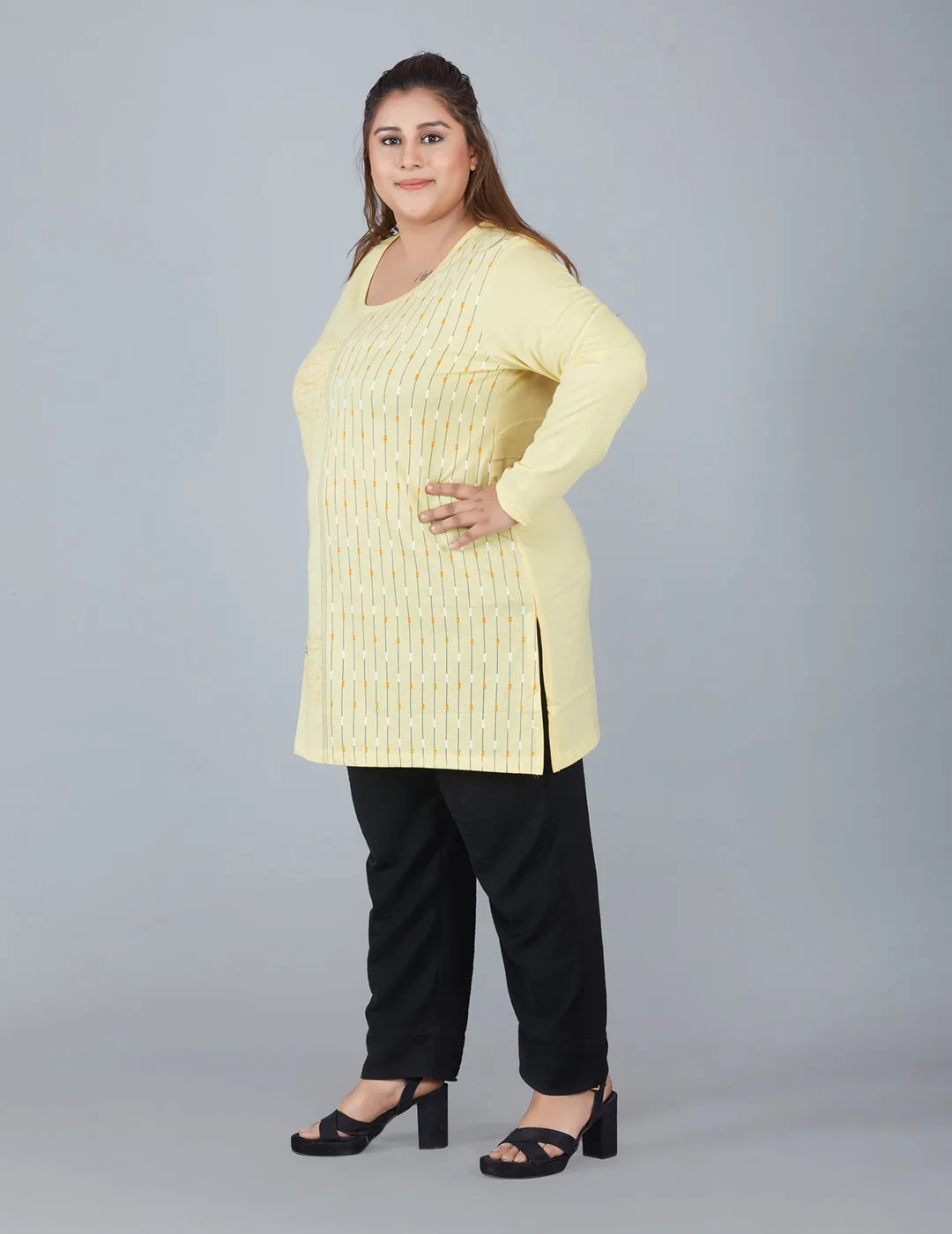 Cotton Long Top for Women Plus Size - Full Sleeve - Yellow