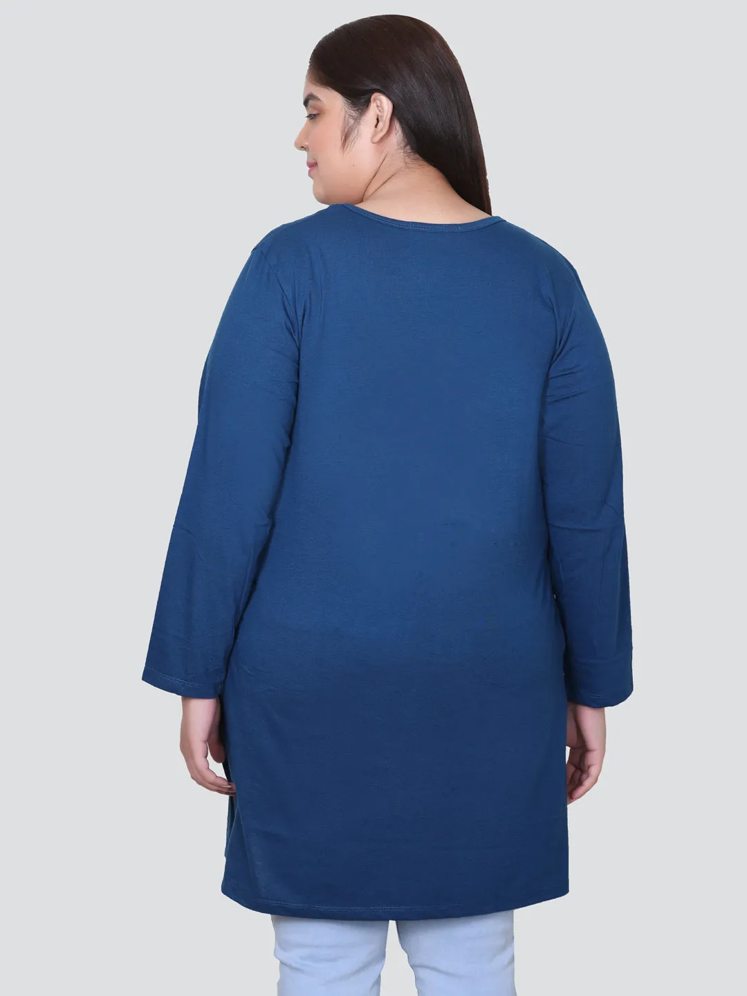 Cotton Long Top for Women Plus Size - Full Sleeves - Teal Blue