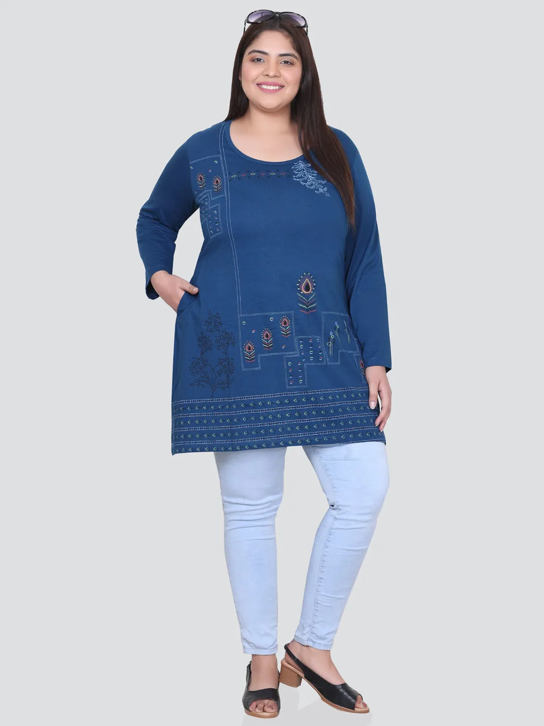 Cotton Long Top for Women Plus Size - Full Sleeves - Teal Blue