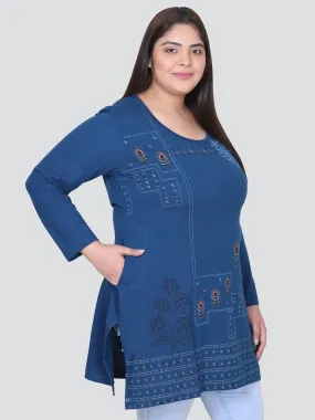 Cotton Long Top for Women Plus Size - Full Sleeves - Teal Blue