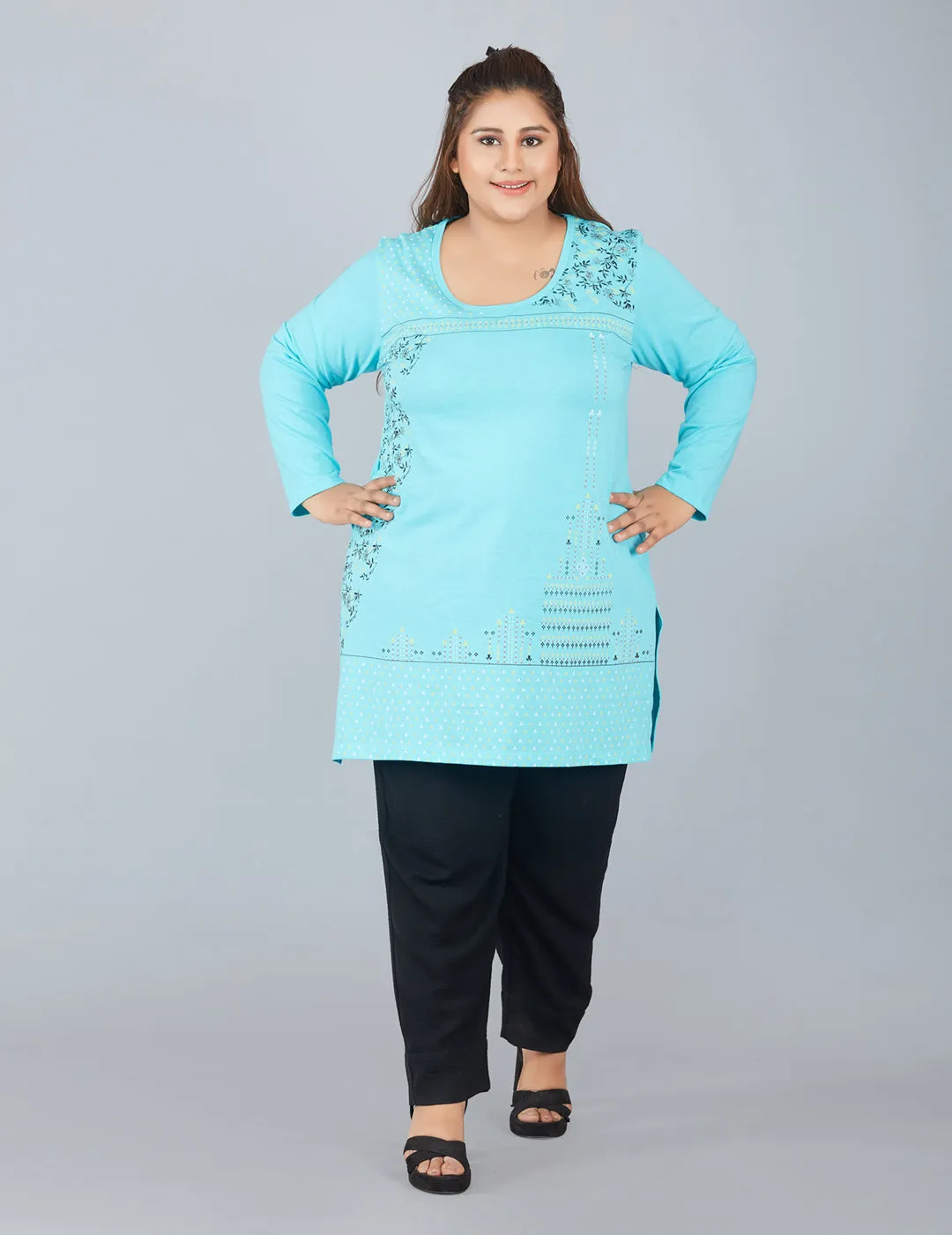 Cotton Long Top for Women Plus Size - Full Sleeve -Turquoise