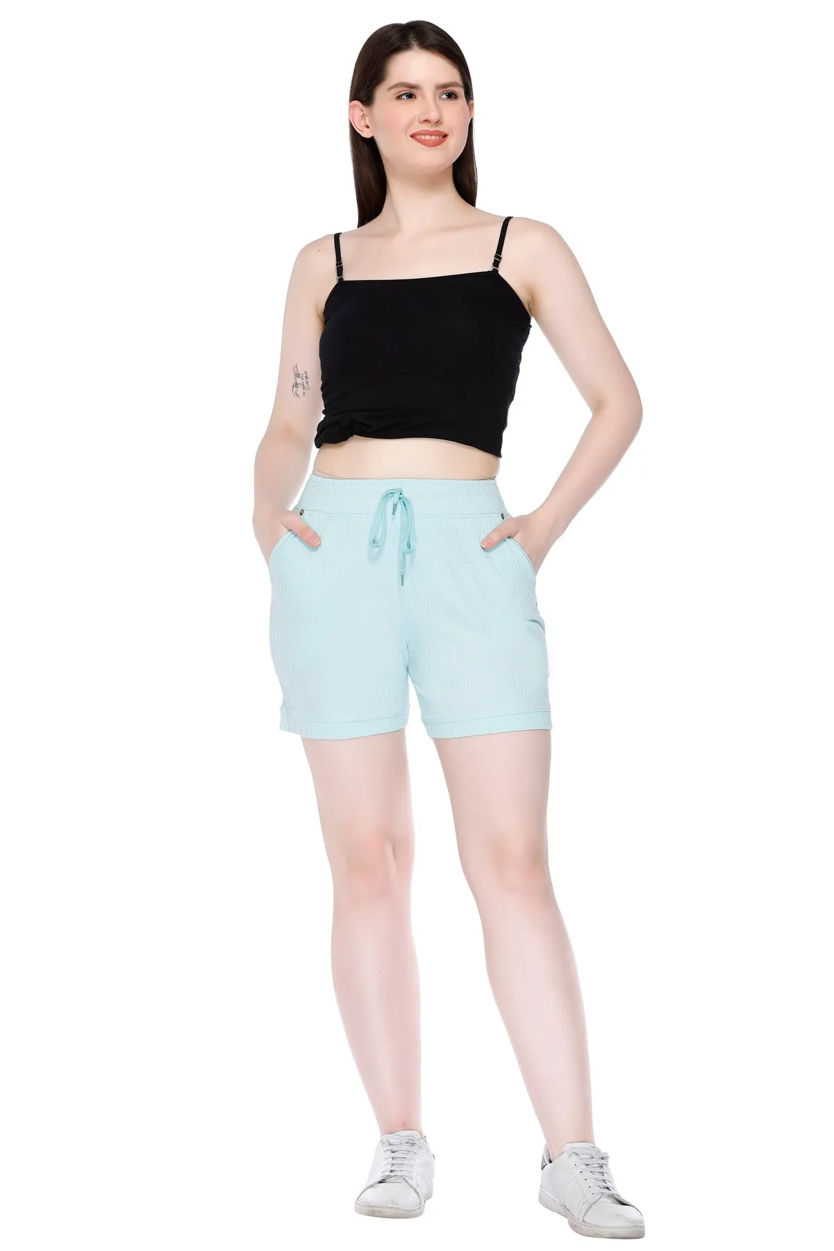 Cotton Shorts For Women - Plain Bermuda Combo (Black & Mint)