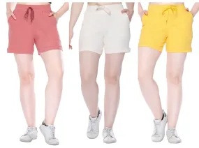 Cotton Shorts For Women - Plain Bermuda Combo (Rosy Pink/Yellow/Pearl White)