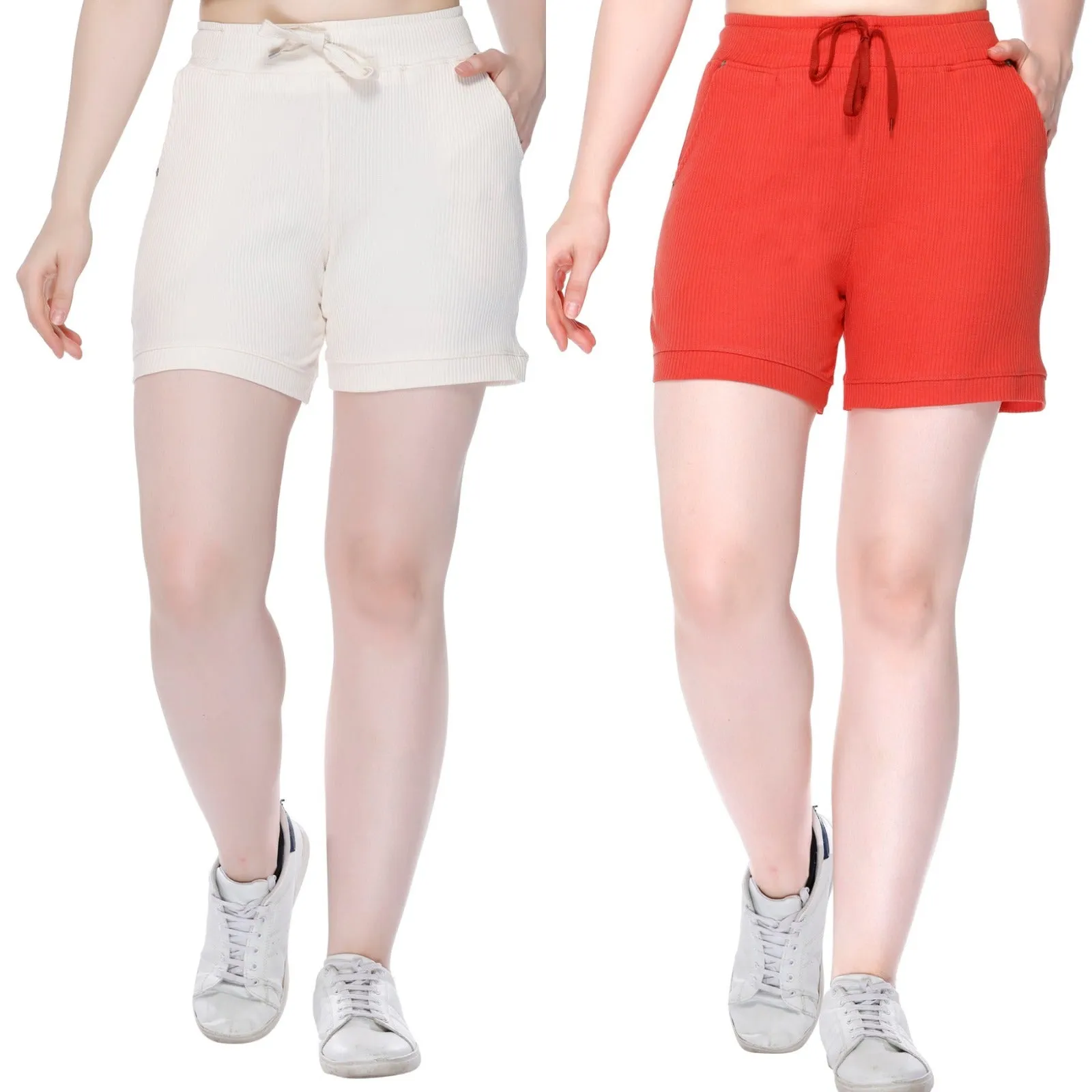 Cotton Shorts For Women - Plain Bermuda Combo (White/Tangy Orange)