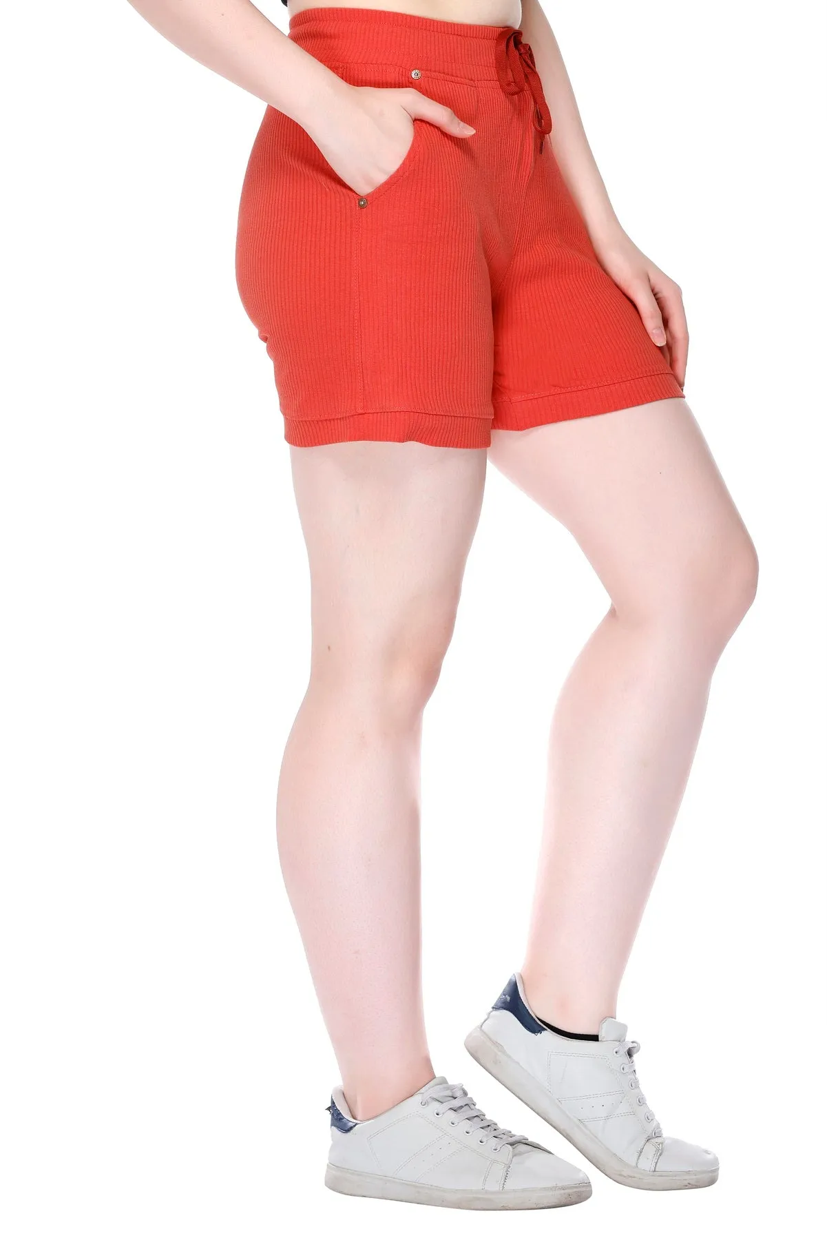 Cotton Shorts For Women - Plain Bermuda Combo (White/Tangy Orange)