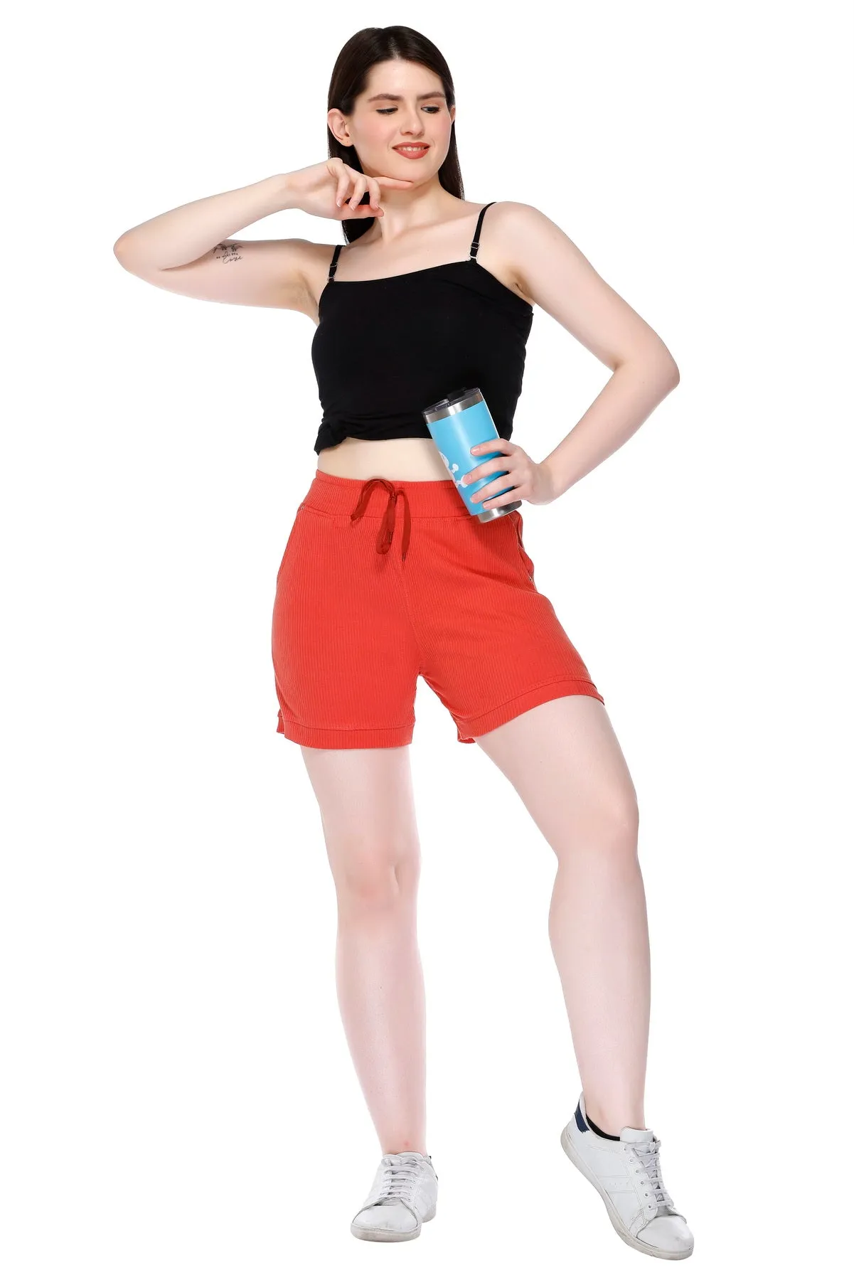 Cotton Shorts For Women - Plain Bermuda Combo (White/Tangy Orange)