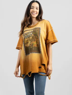 Delila Women Mineral Wash Abrasion "INDIAN QUEEN" Graphic Short Sleeve Shirt DL-T073（Prepack 4 Pcs）