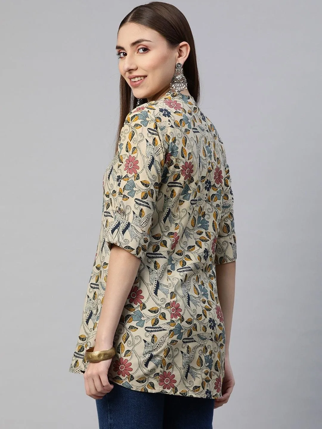 Divena Beige Multi Floral Rayon A-line Shirts Style Top