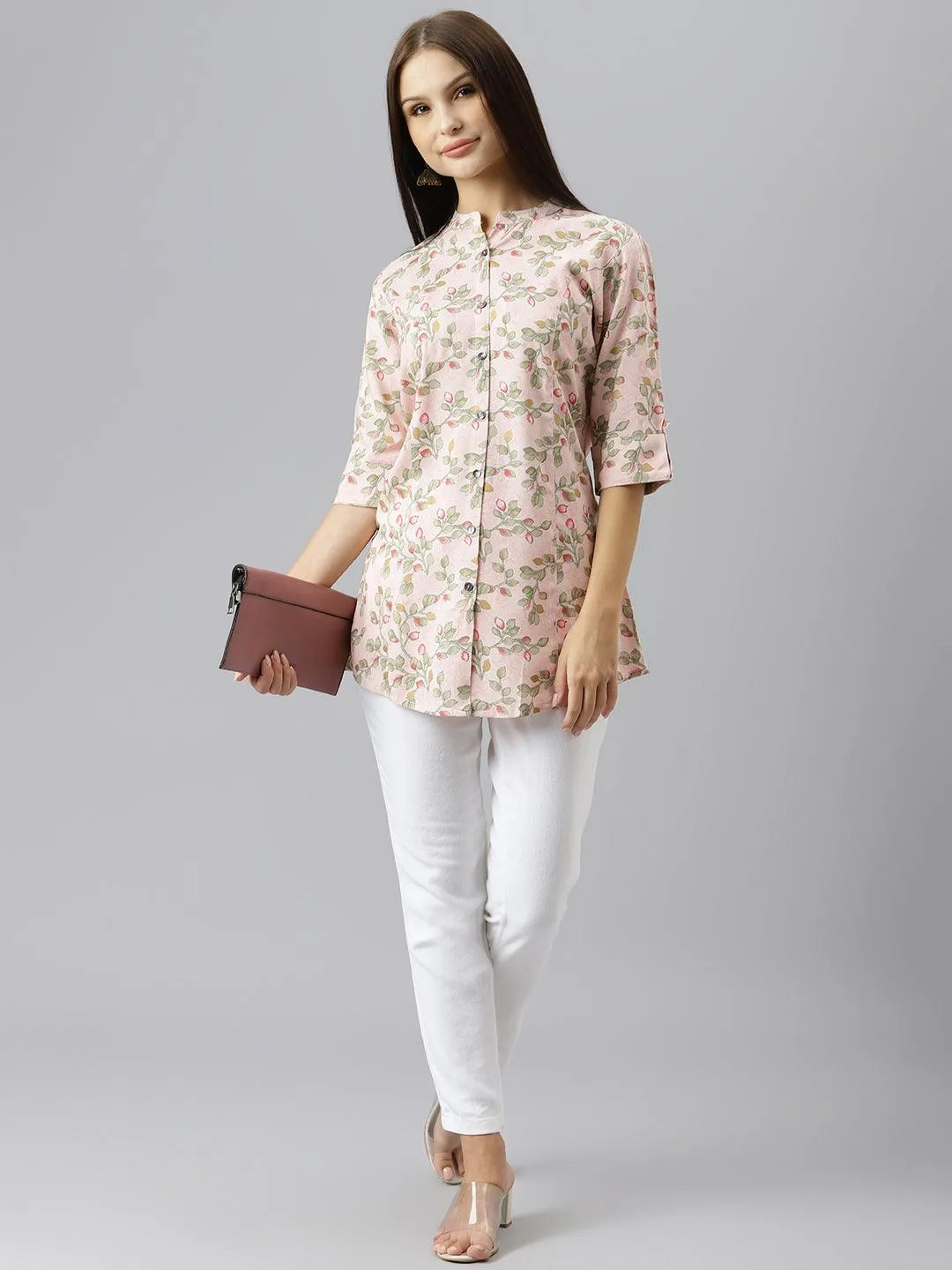 Divena Light Pink Floral Rayon A-line Shirts Style Top