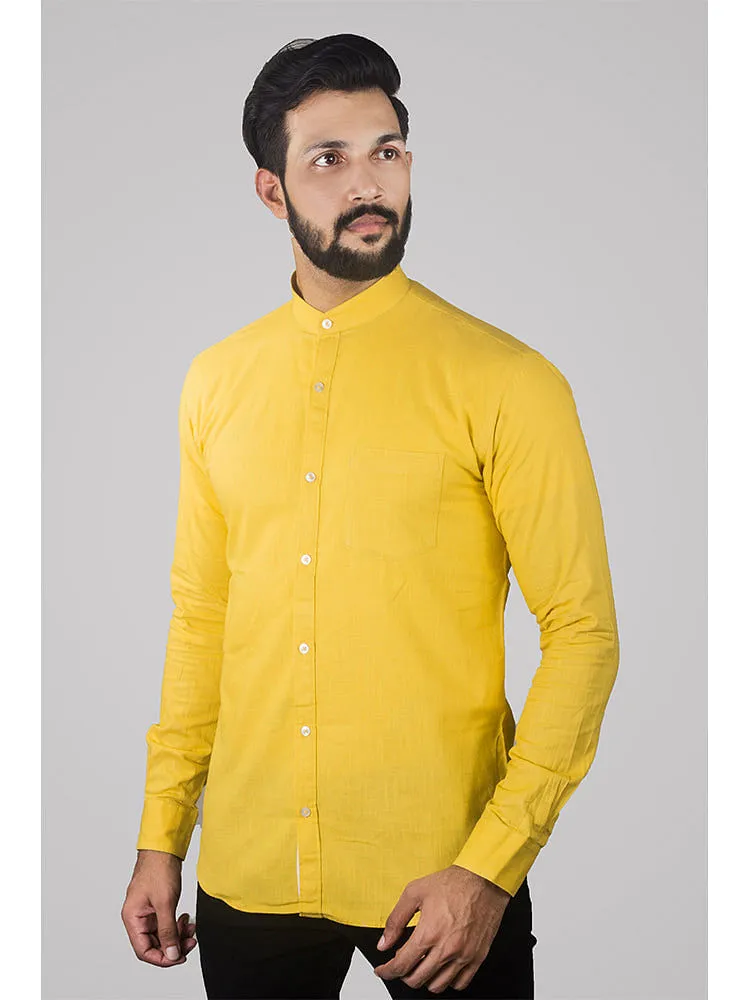 Formal Shirt - Lemon Yellow Solid Linen Formal Men Shirt