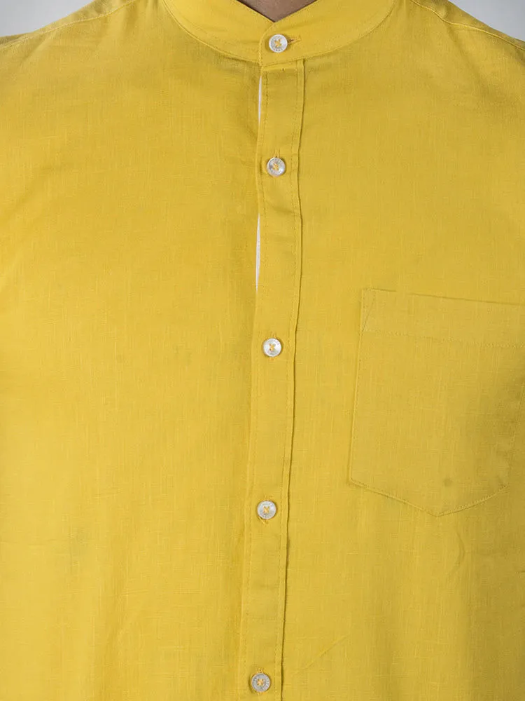 Formal Shirt - Lemon Yellow Solid Linen Formal Men Shirt