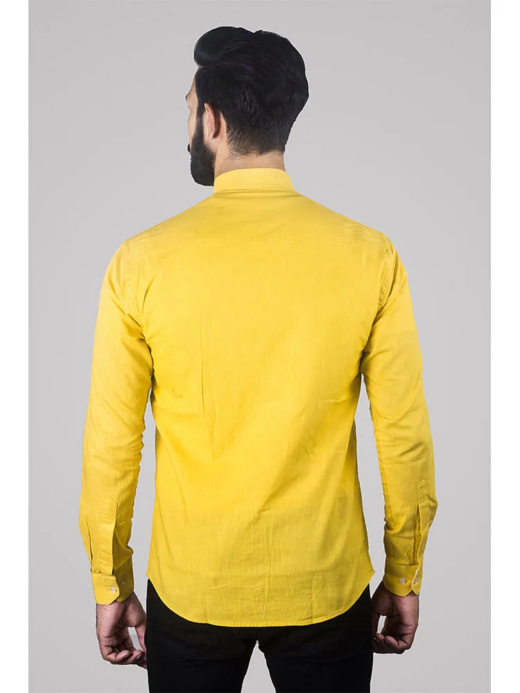 Formal Shirt - Lemon Yellow Solid Linen Formal Men Shirt