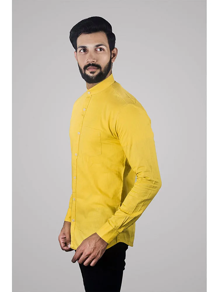 Formal Shirt - Lemon Yellow Solid Linen Formal Men Shirt