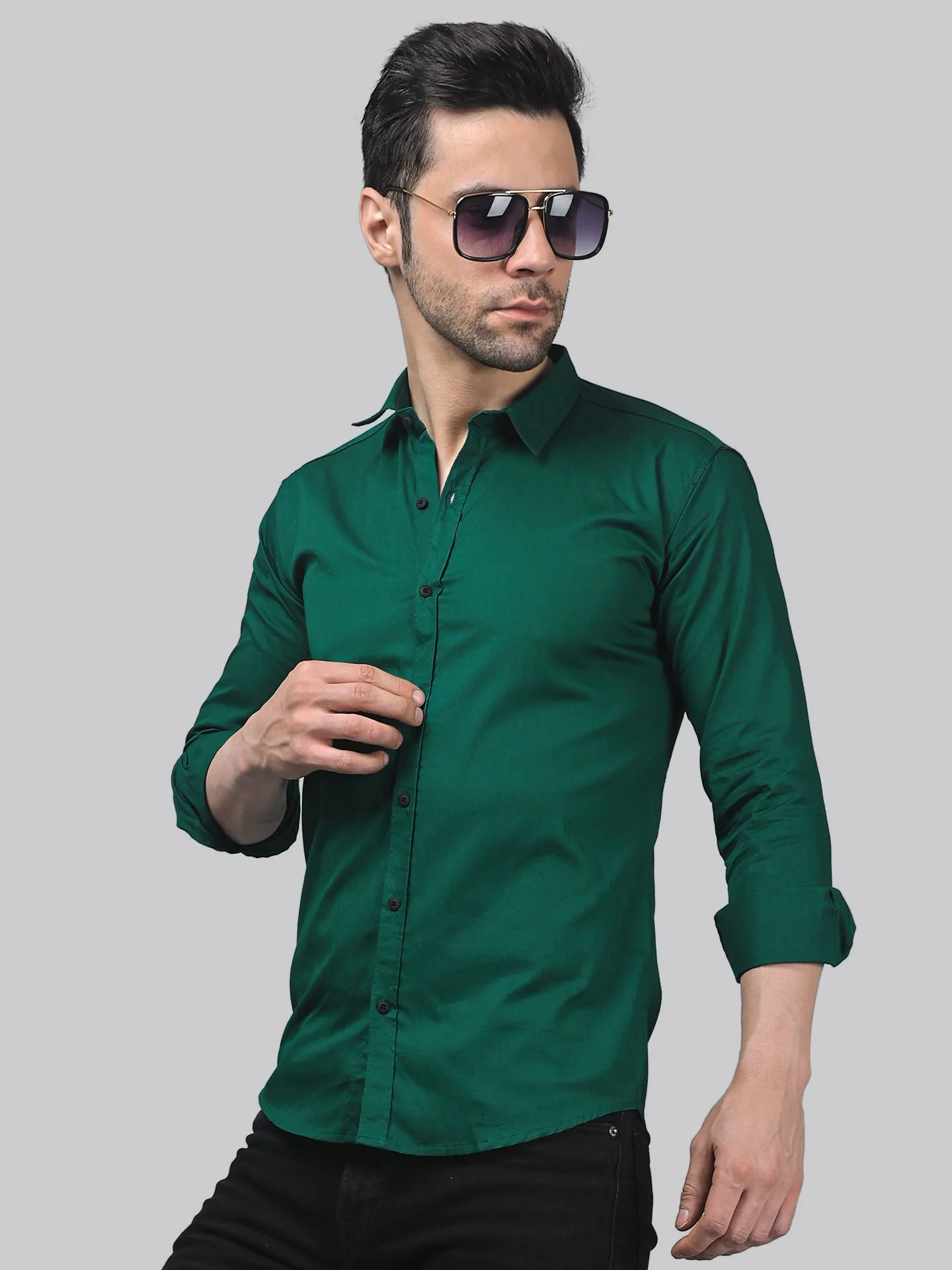 Grunge TryBuy Premium Green Cotton Button-Up Shirt for Men