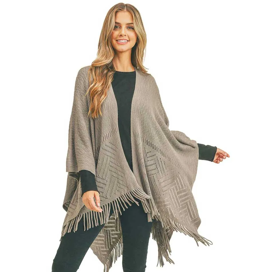 Herringbone Knit Fringe Ruana Poncho