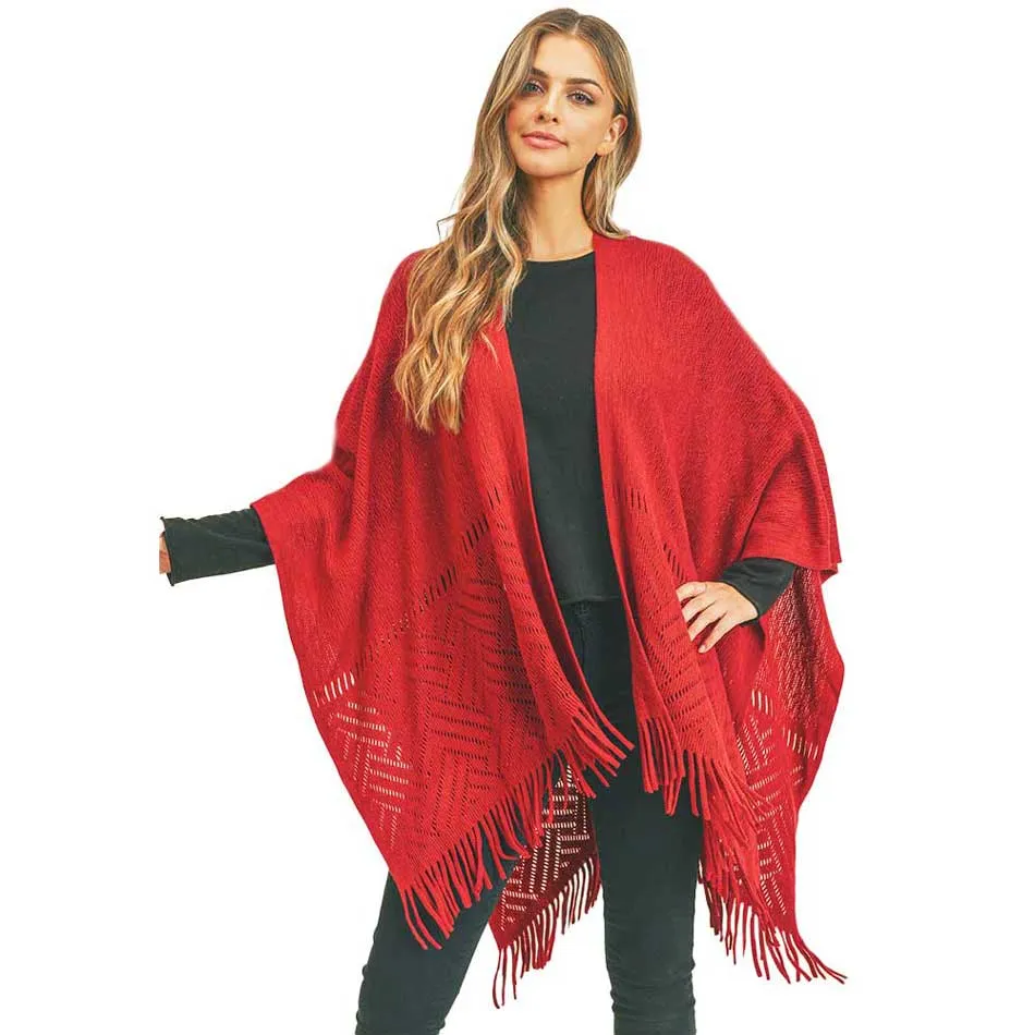 Herringbone Knit Fringe Ruana Poncho