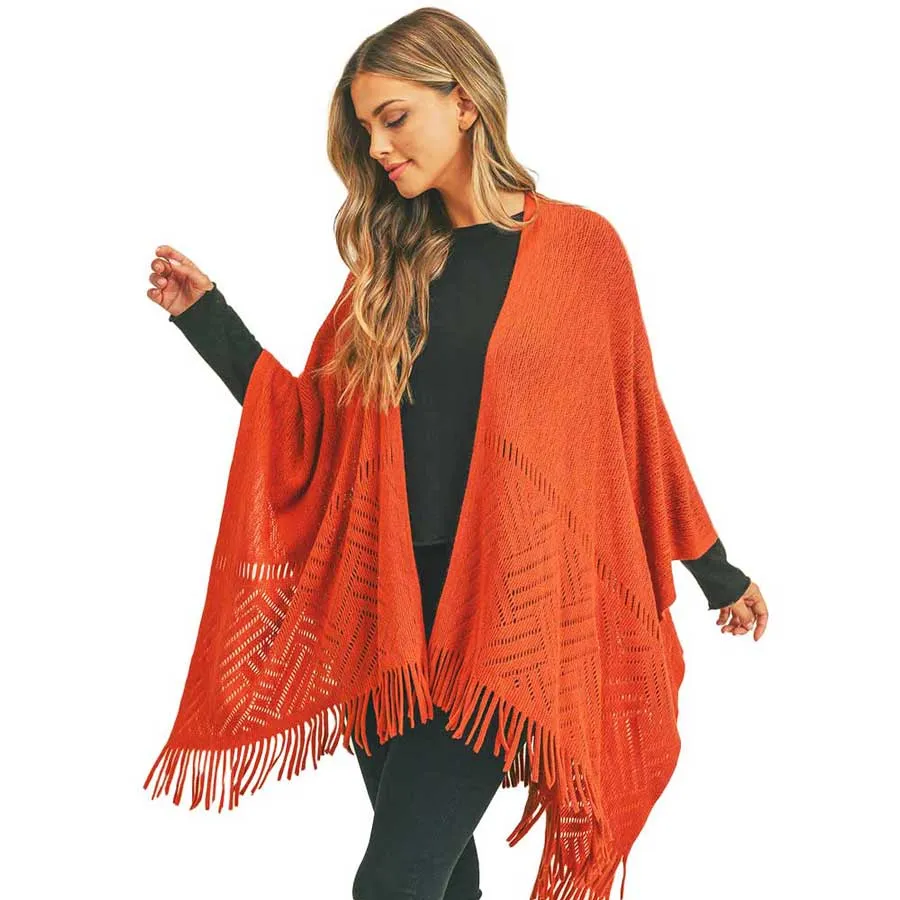 Herringbone Knit Fringe Ruana Poncho