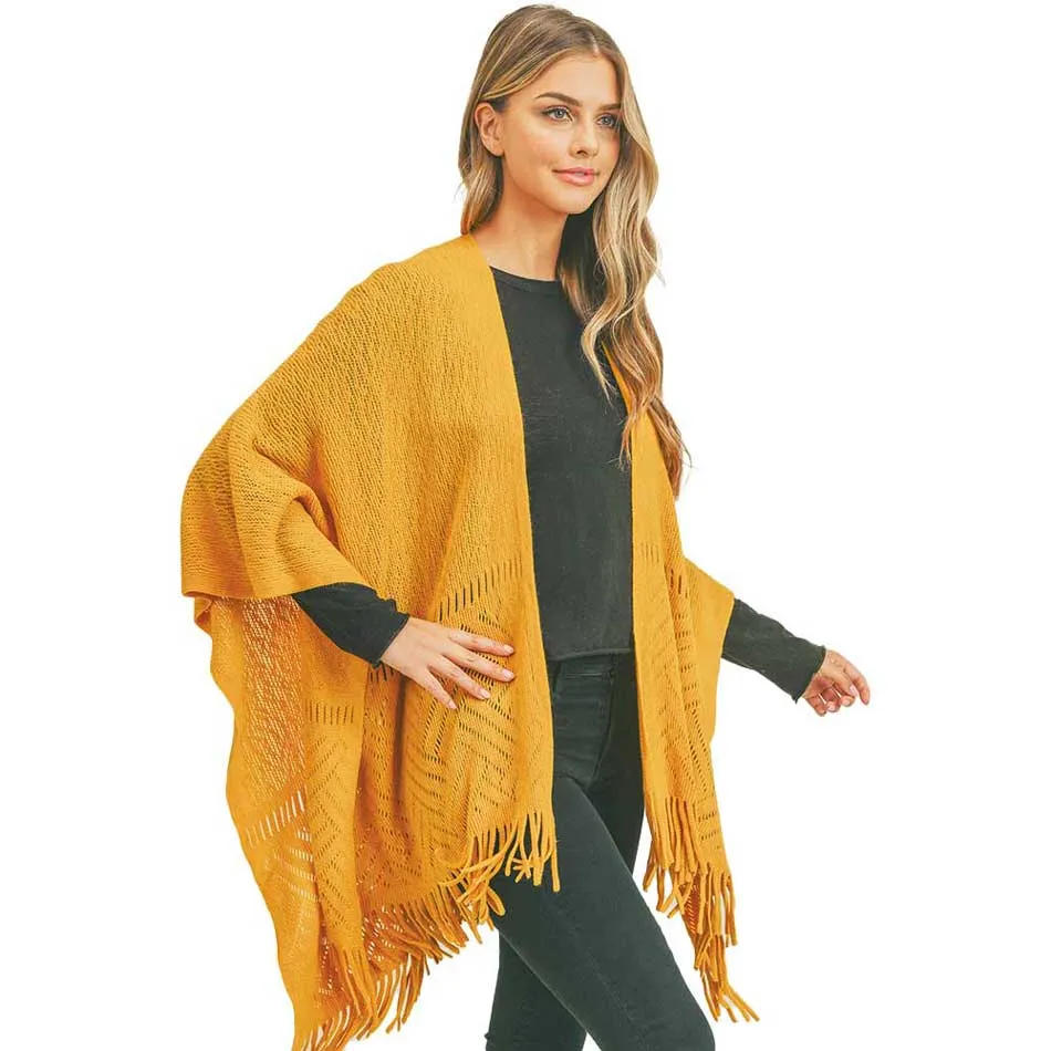 Herringbone Knit Fringe Ruana Poncho