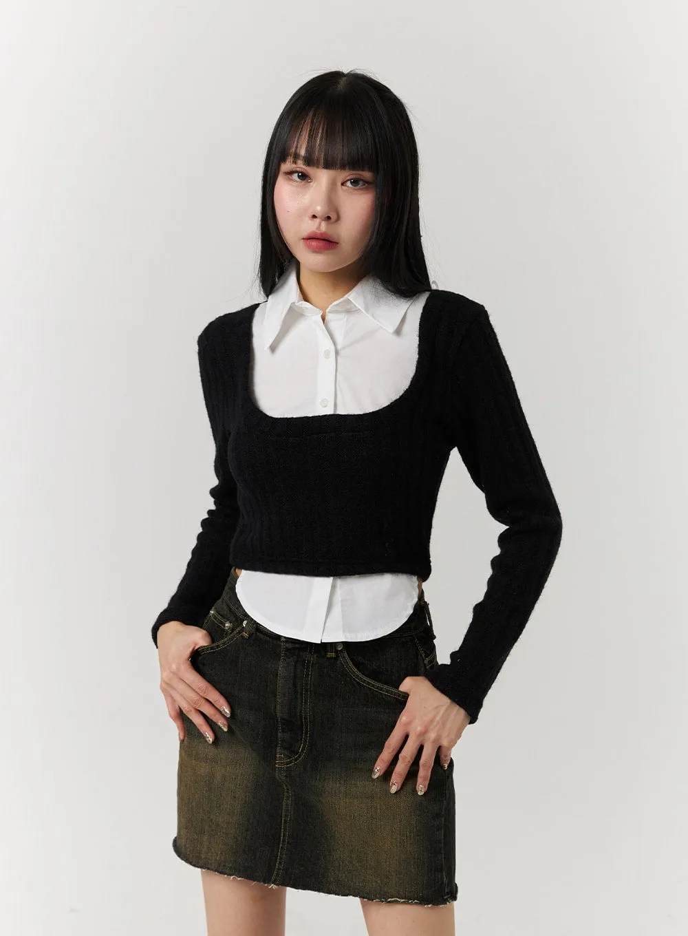 Layered Shirt Buttoned Crop Top CJ404