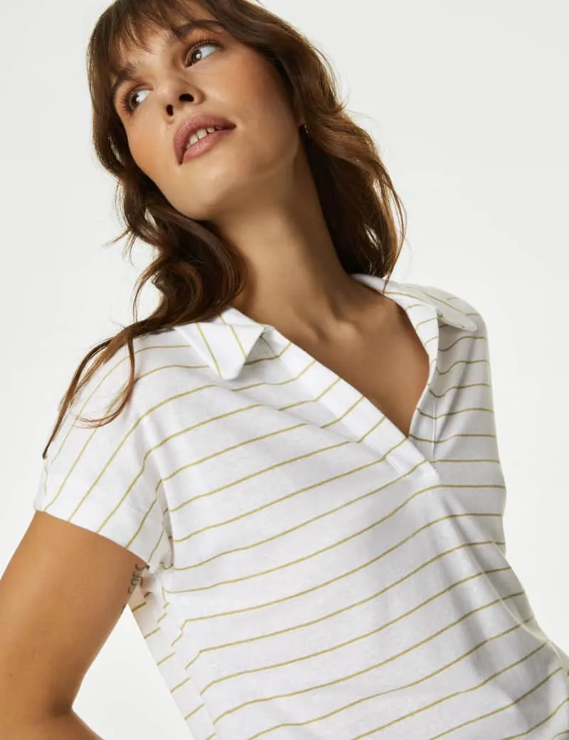 Linen Blend Striped Collared Top