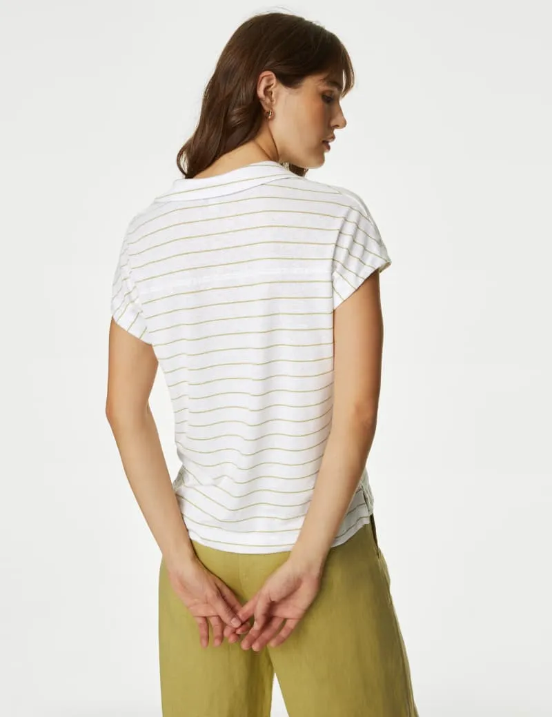 Linen Blend Striped Collared Top