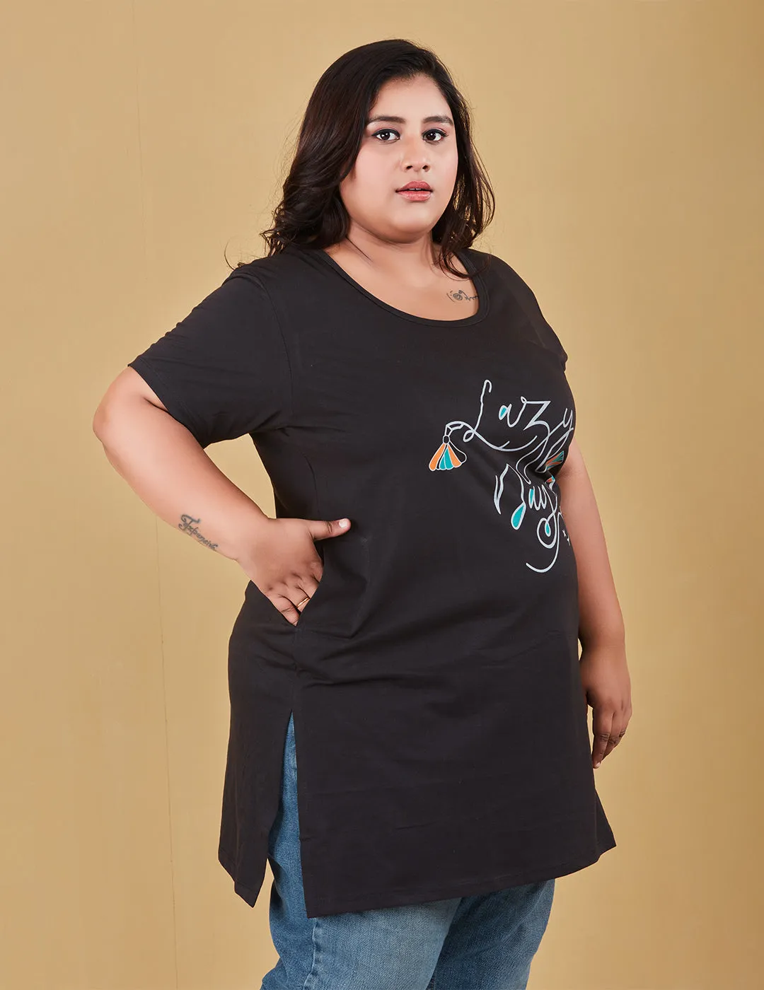 Long Line T-Shirt For Women -Half Sleeves- Black