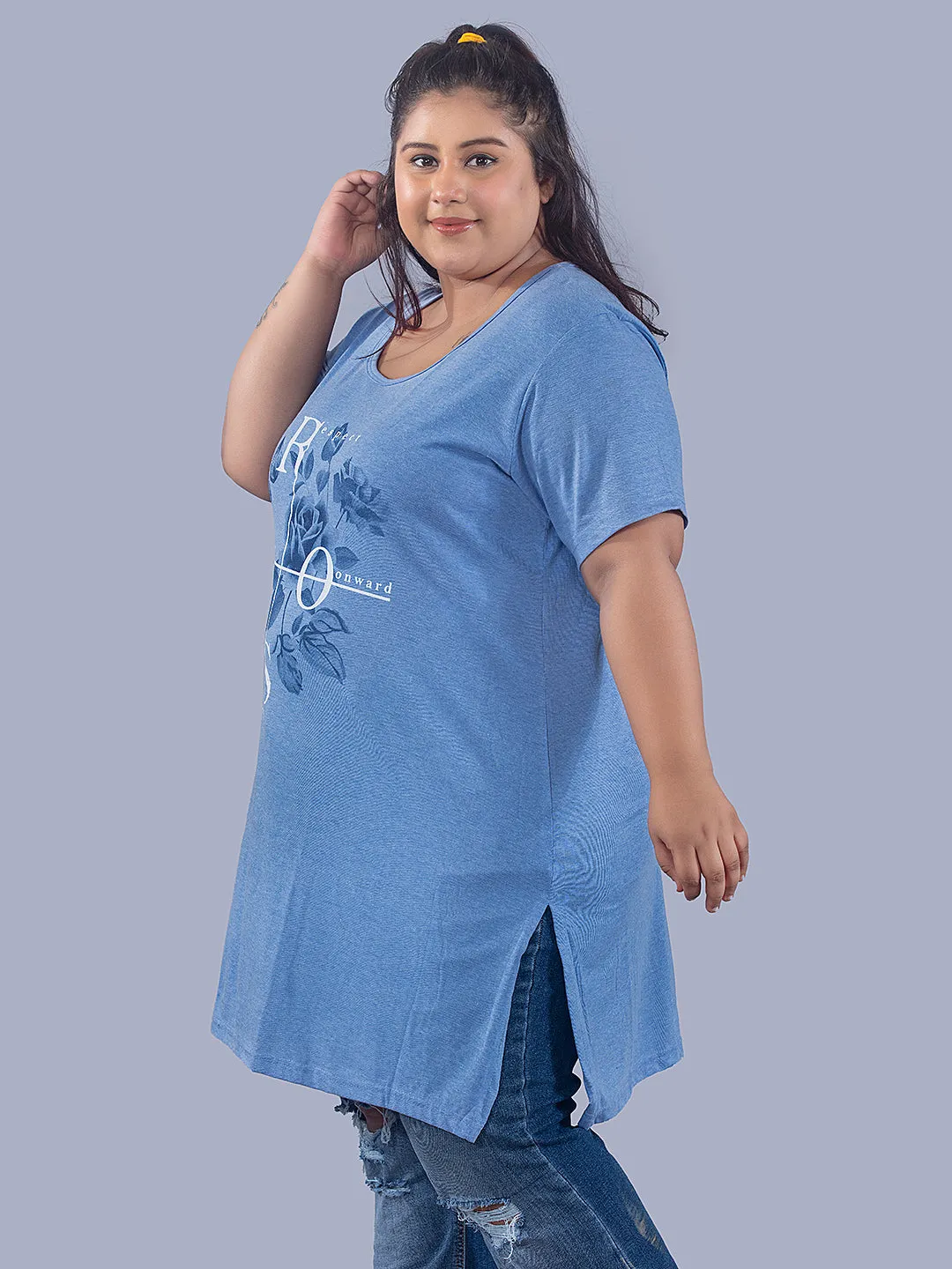 Long Line T-Shirt For Women -Half Sleeves- Sky Blue