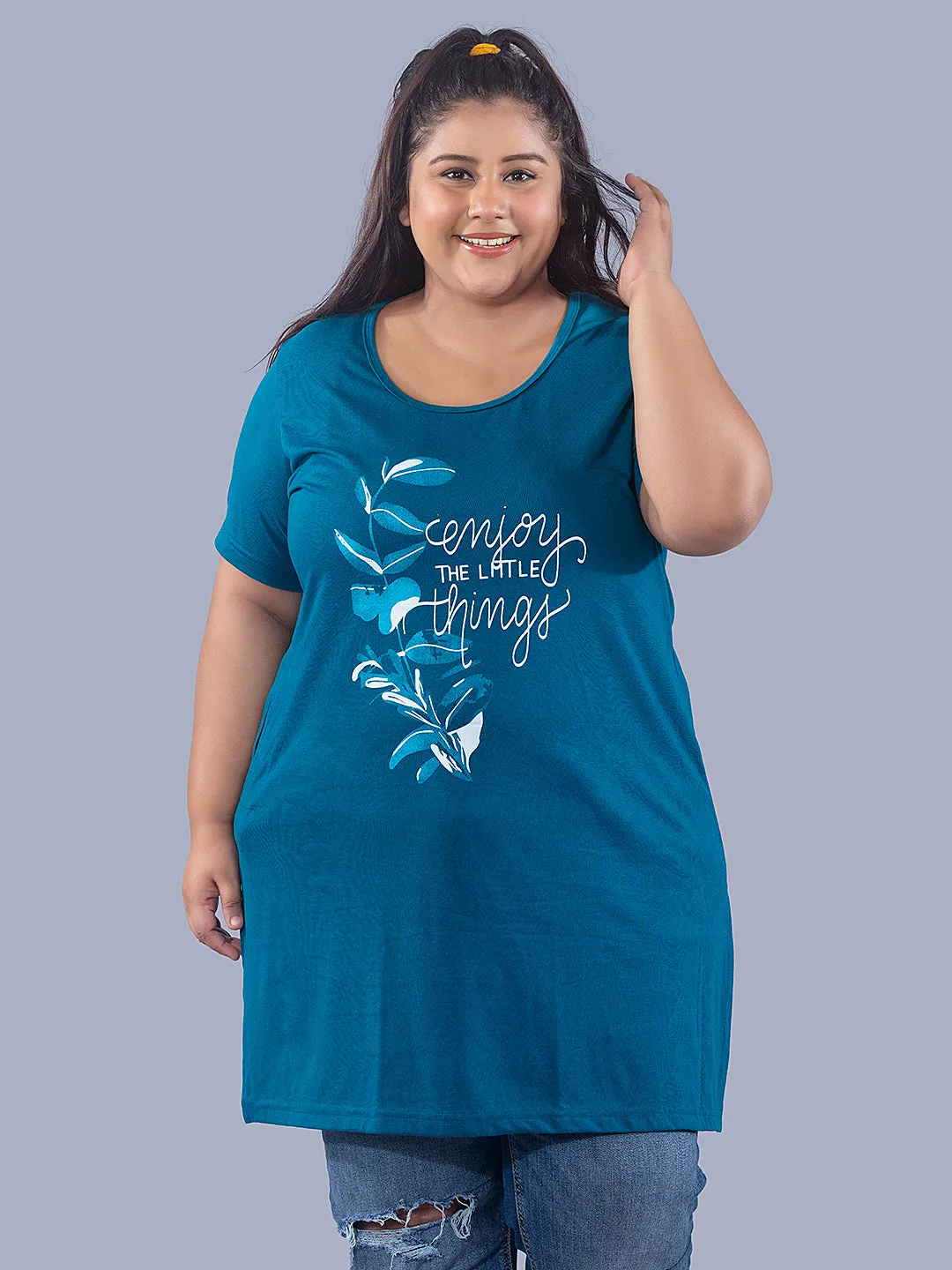 Long Line T-Shirt For Women -Half Sleeves- Teal Blue