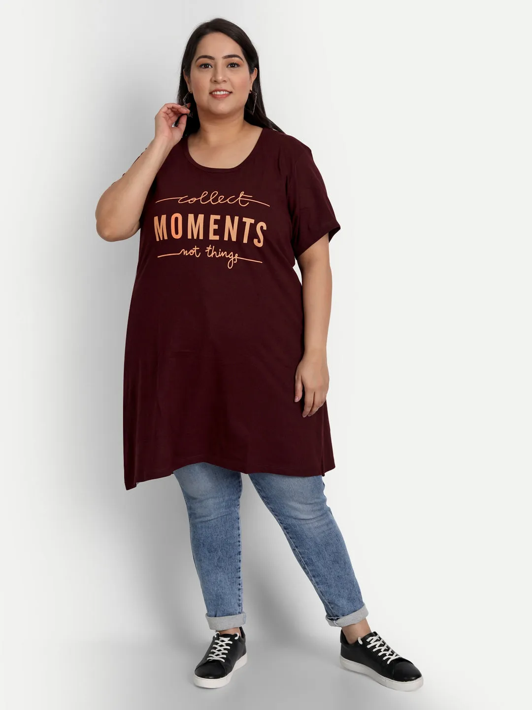 Long Line T-Shirt For Women -Half Sleeves- - Wine