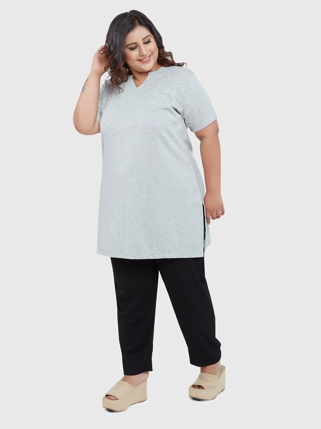 Longline Grey Top For Women-Plus Size