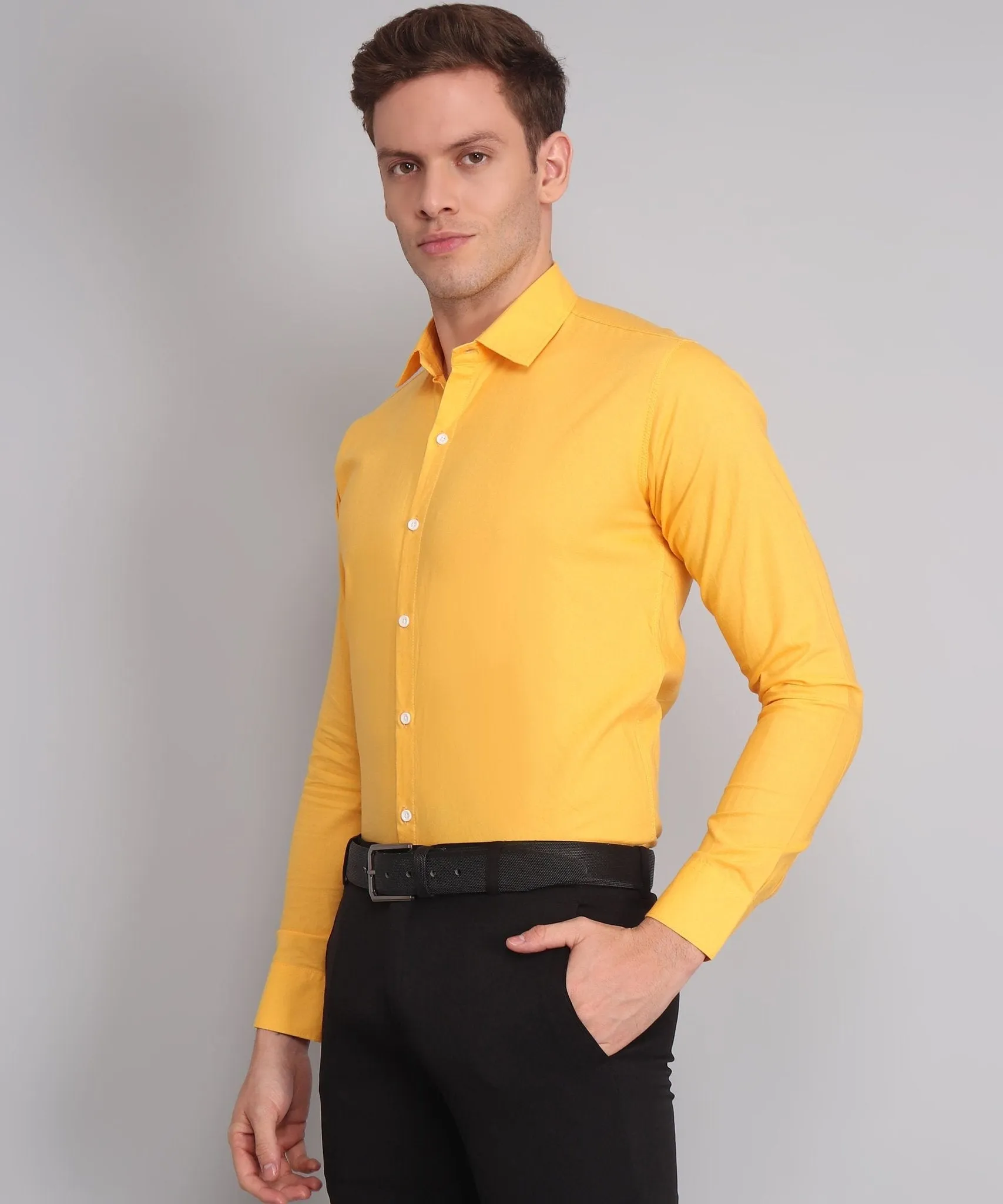 Luxurious Exclusive TryBuy Premium Wrinkle-Free Yellow Button-Up Shirt for Men