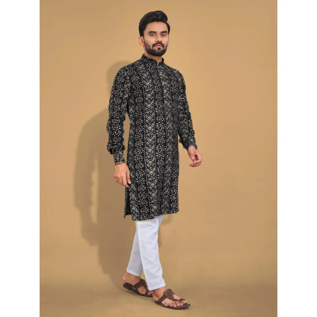 Men's Ethnic Cotton Black Kurta Pajama Set