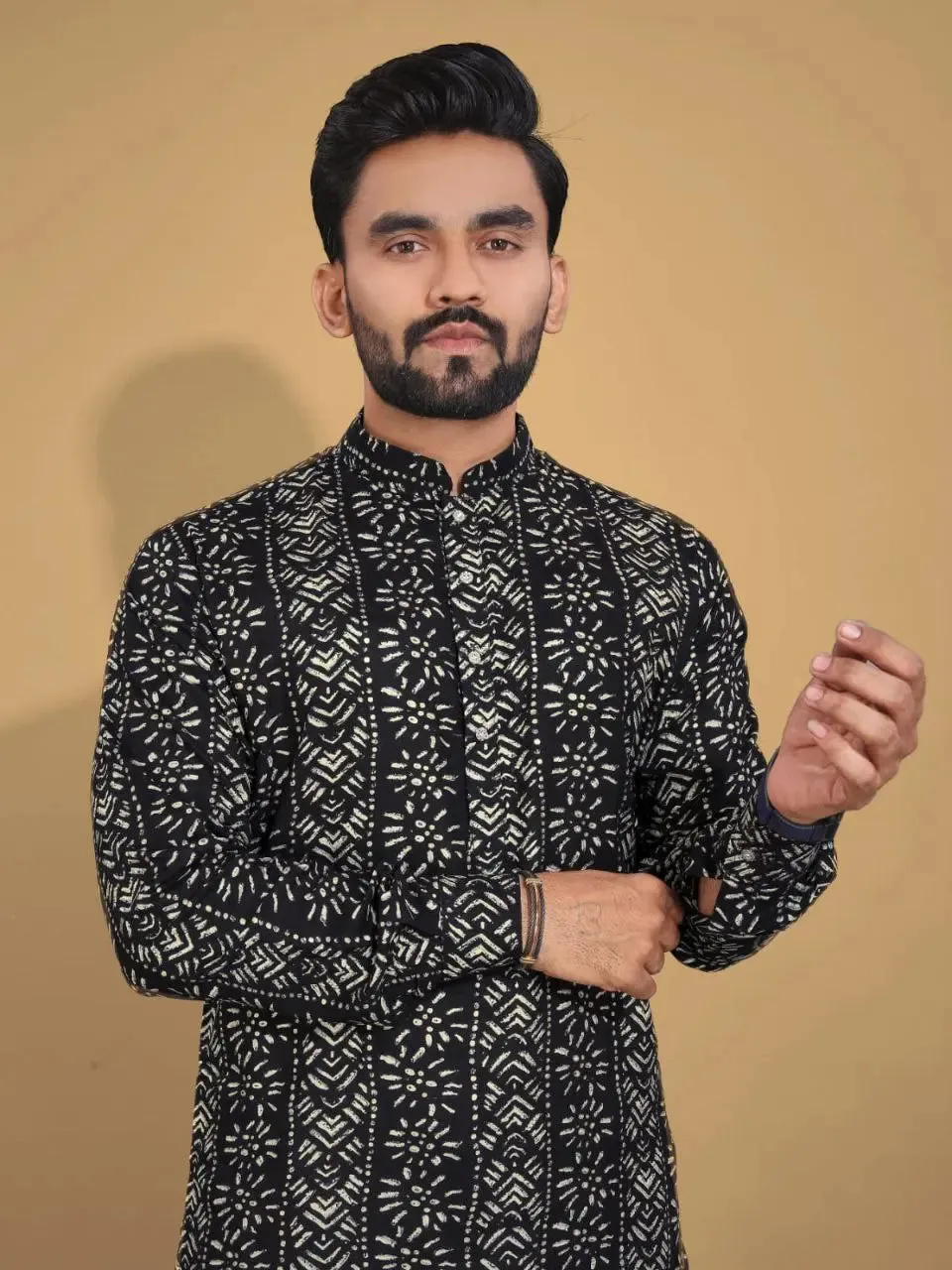 Men's Ethnic Cotton Black Kurta Pajama Set