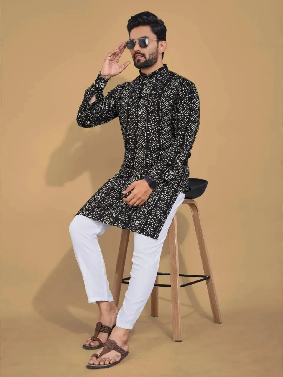 Men's Ethnic Cotton Black Kurta Pajama Set