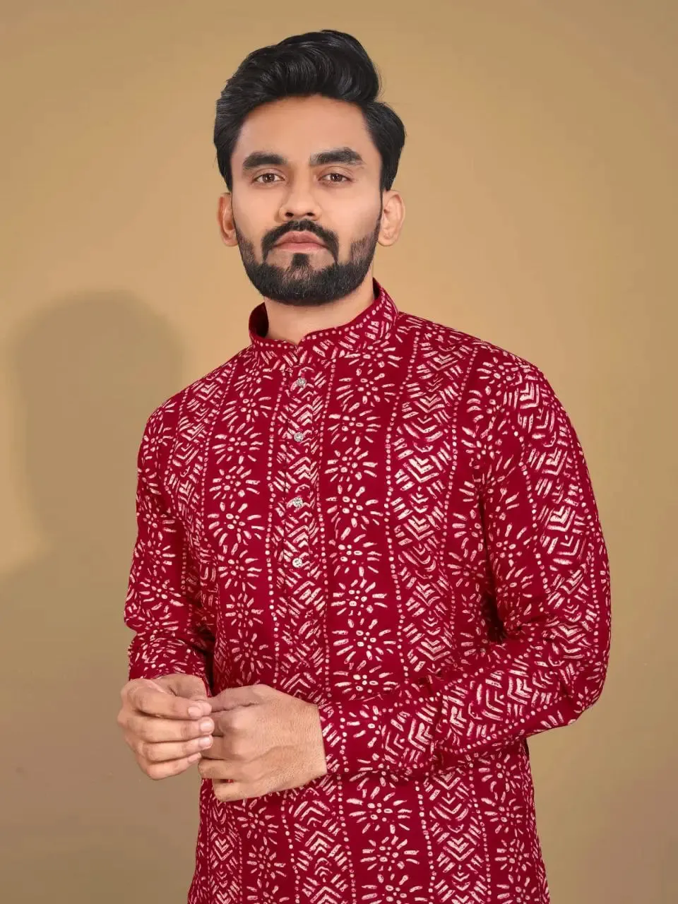 Men's Ethnic Cotton Red Kurta Pajama Set