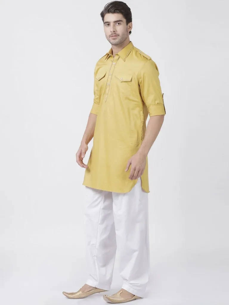 Men's Yellow Cotton Blend Pathani Suit Set