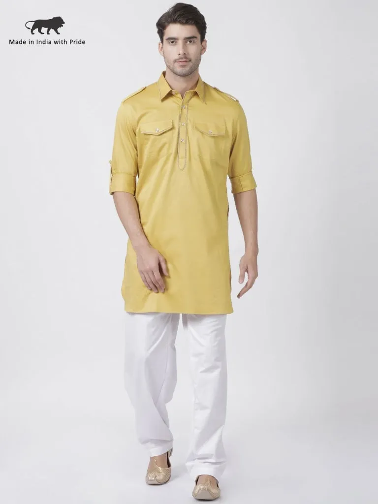 Men's Yellow Cotton Blend Pathani Suit Set