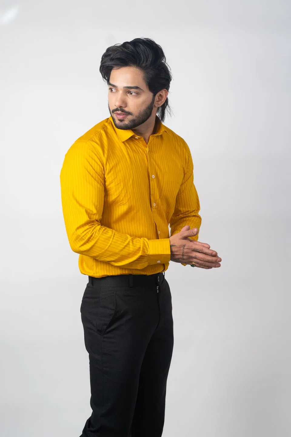 Mustard yellow Color vertical Cotton stripe Shirt For Men