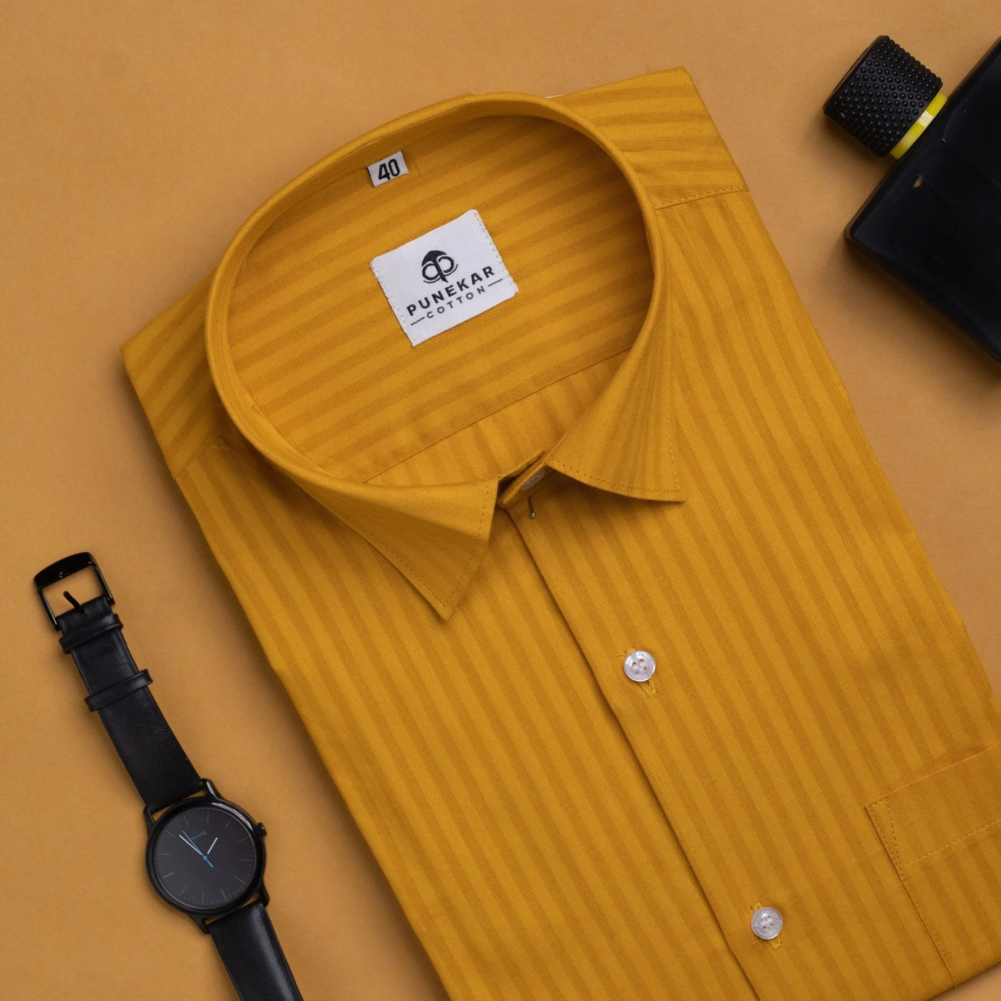 Mustard yellow Color vertical Cotton stripe Shirt For Men