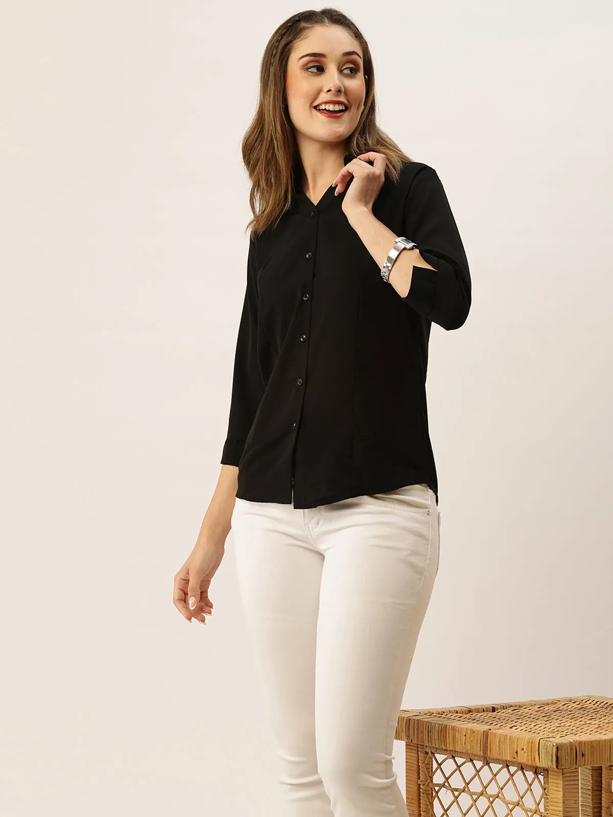 Odette Black Synthetic Solid Stitched Shirt For Women