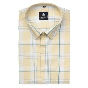 Peach Yellow Color Tartan Checks Cotton Causal Shirt For Men